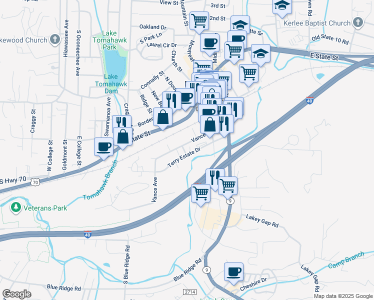 map of restaurants, bars, coffee shops, grocery stores, and more near 103 Bridge Street in Black Mountain