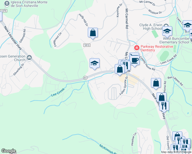 map of restaurants, bars, coffee shops, grocery stores, and more near 406 Village Creek Drive in Asheville