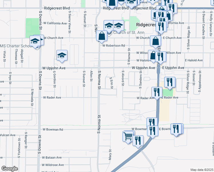 map of restaurants, bars, coffee shops, grocery stores, and more near 608 Suzanne Street in Ridgecrest