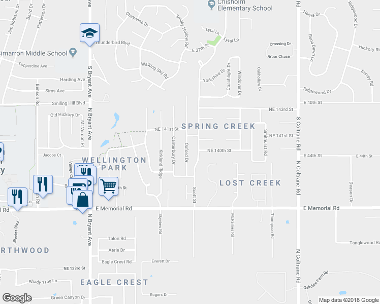 map of restaurants, bars, coffee shops, grocery stores, and more near 14016 Oxford Drive in Edmond