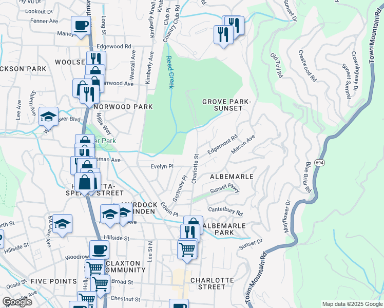 map of restaurants, bars, coffee shops, grocery stores, and more near 392 Charlotte Street in Asheville