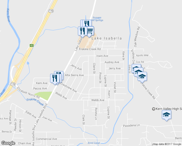 map of restaurants, bars, coffee shops, grocery stores, and more near 2804 Steensen Street in Lake Isabella