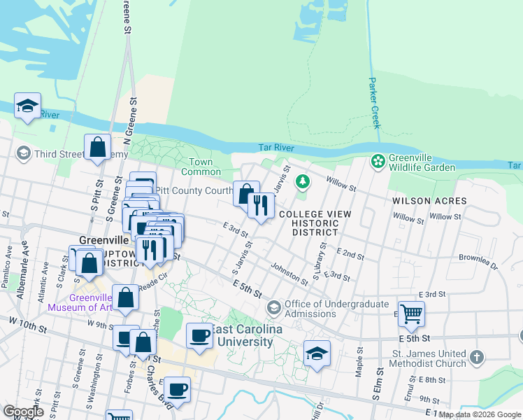 map of restaurants, bars, coffee shops, grocery stores, and more near 106 South Jarvis Street in Greenville