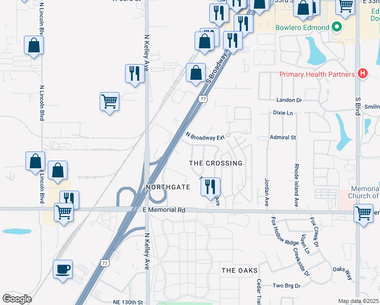 map of restaurants, bars, coffee shops, grocery stores, and more near 14033 North Everest Avenue in Edmond