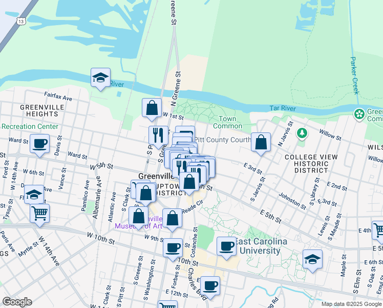 map of restaurants, bars, coffee shops, grocery stores, and more near 306 Evans Street in Greenville