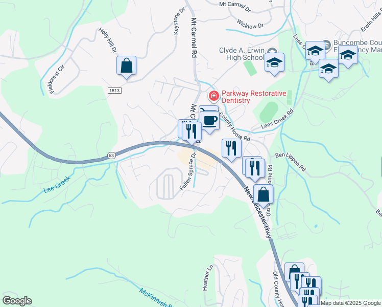 map of restaurants, bars, coffee shops, grocery stores, and more near 606 New Leicester Highway in Asheville