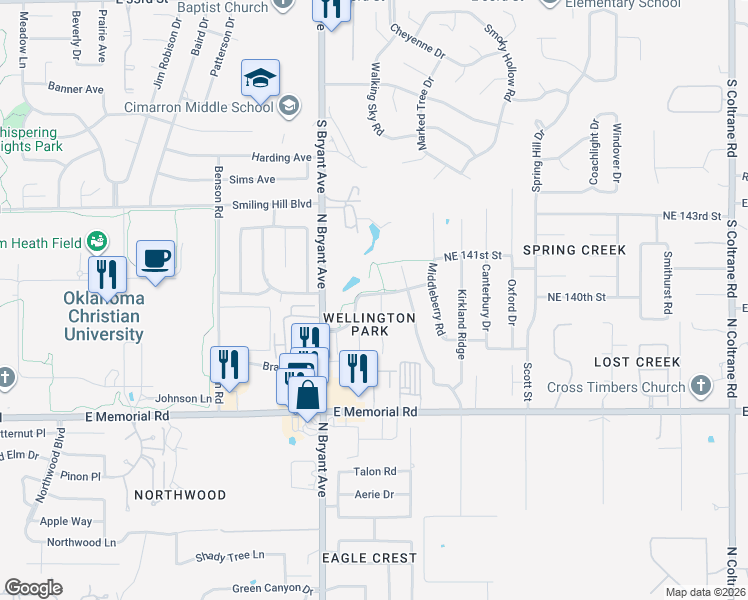 map of restaurants, bars, coffee shops, grocery stores, and more near 13937 Sterlington in Edmond
