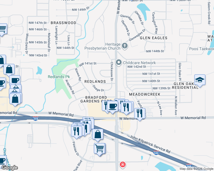map of restaurants, bars, coffee shops, grocery stores, and more near 14009 Apache Drive in Edmond