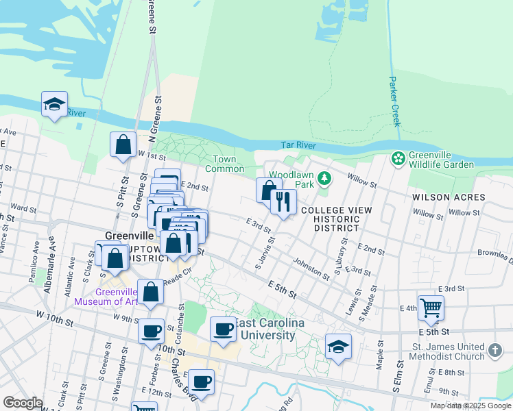 map of restaurants, bars, coffee shops, grocery stores, and more near 504 East 2nd Street in Greenville