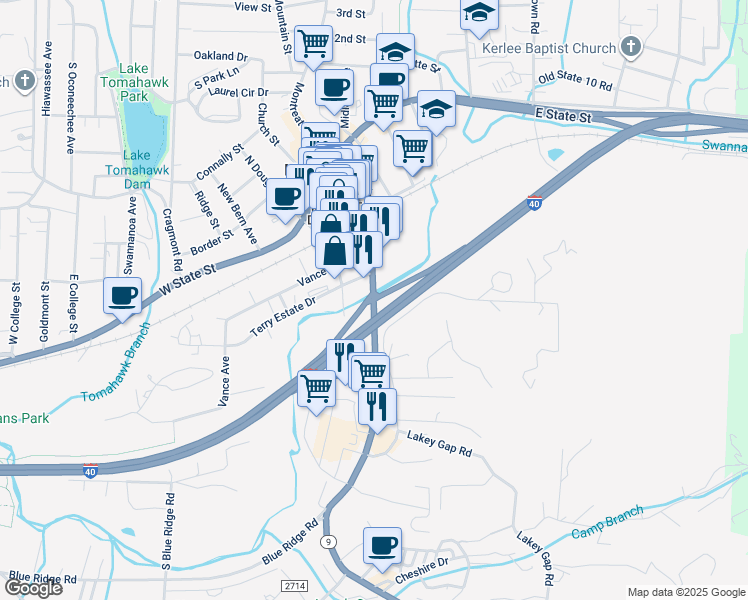 map of restaurants, bars, coffee shops, grocery stores, and more near North Carolina 9 in Black Mountain