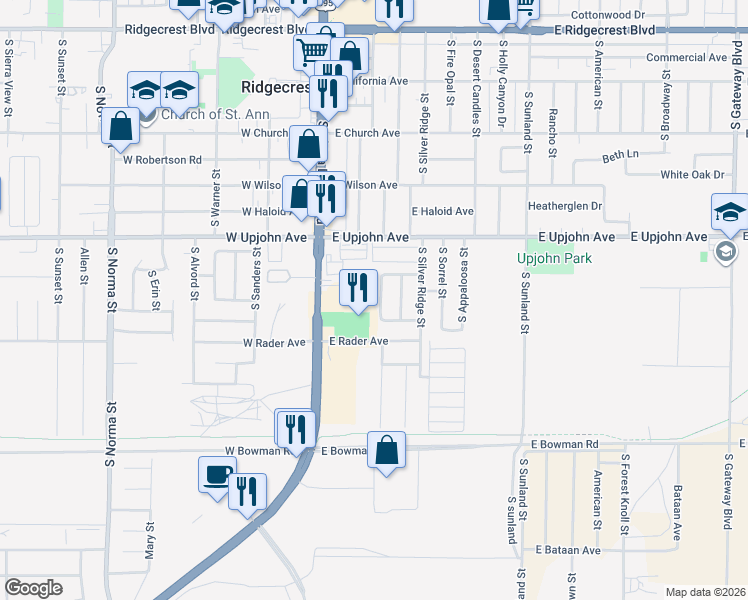 map of restaurants, bars, coffee shops, grocery stores, and more near 621 South Gemstone Street in Ridgecrest
