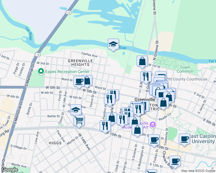 map of restaurants, bars, coffee shops, grocery stores, and more near 407 Latham Street in Greenville