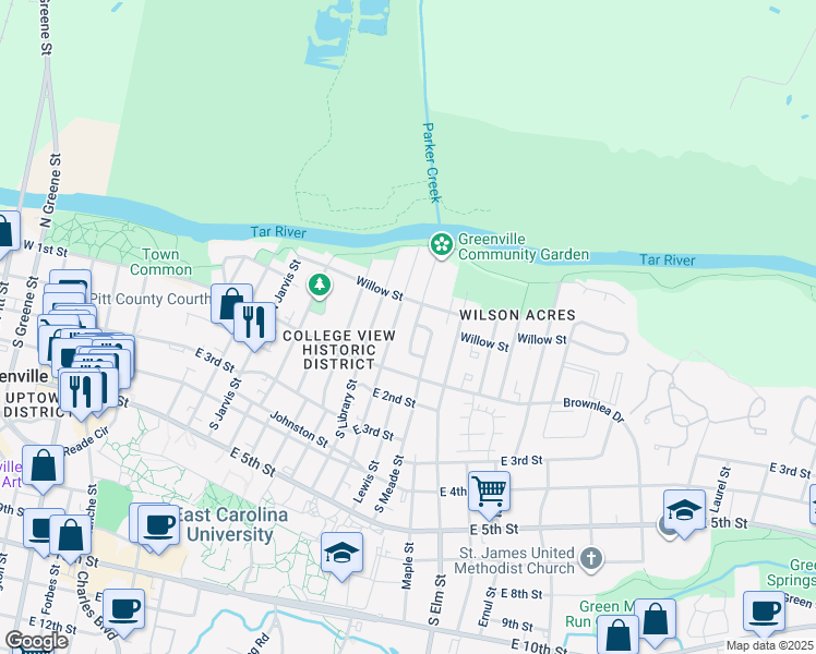 map of restaurants, bars, coffee shops, grocery stores, and more near 115 Stancill Drive in Greenville
