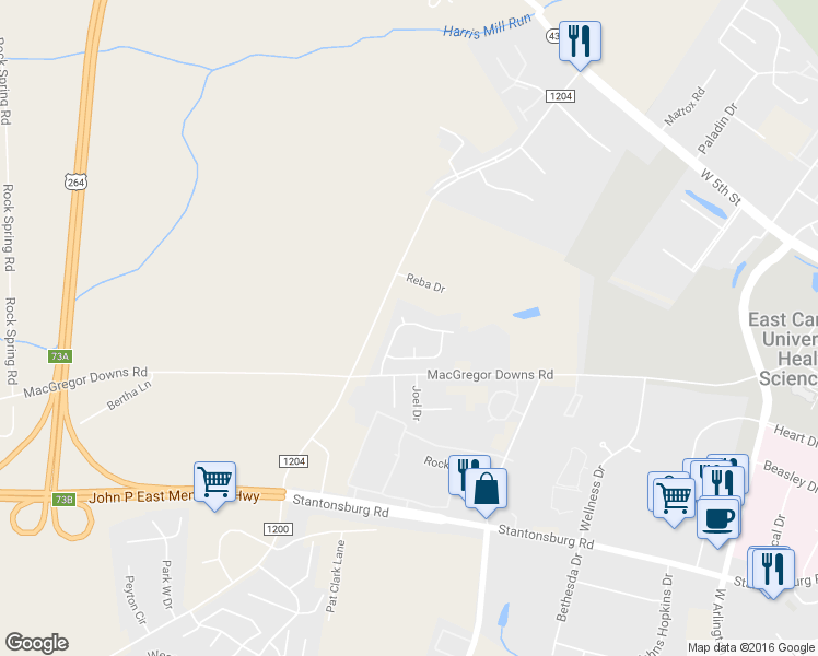 map of restaurants, bars, coffee shops, grocery stores, and more near 1113 Wyngate Drive in Greenville
