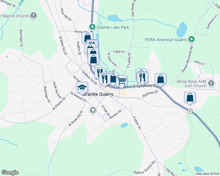 map of restaurants, bars, coffee shops, grocery stores, and more near 144 U.S. 52 in Granite Quarry