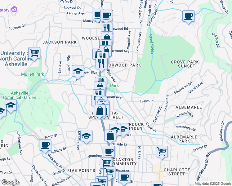 map of restaurants, bars, coffee shops, grocery stores, and more near 22 1/2 Coleman Avenue in Asheville