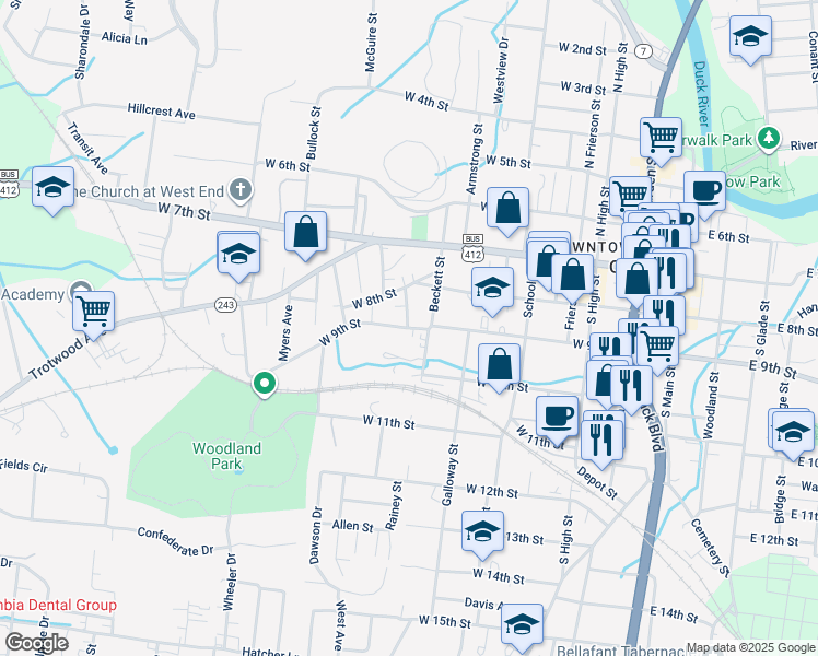 map of restaurants, bars, coffee shops, grocery stores, and more near 609 West 9th Street in Columbia