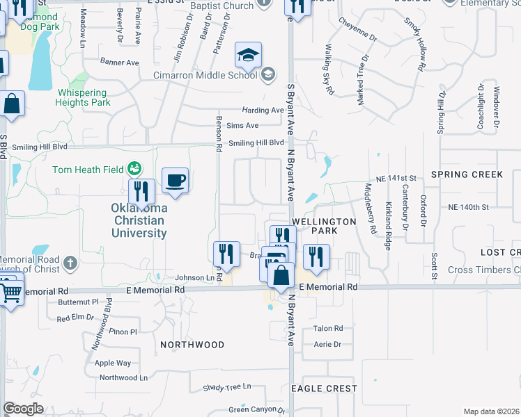 map of restaurants, bars, coffee shops, grocery stores, and more near 2904 Gettysburg Road in Edmond
