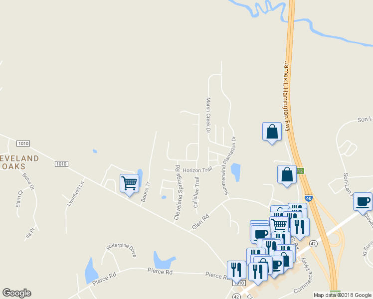 map of restaurants, bars, coffee shops, grocery stores, and more near Beacon Way in Garner
