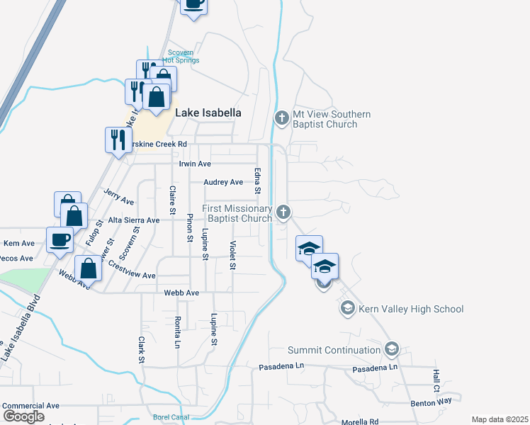 map of restaurants, bars, coffee shops, grocery stores, and more near 2804 Edna Street in Lake Isabella