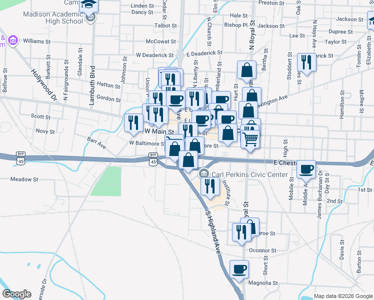 map of restaurants, bars, coffee shops, grocery stores, and more near 181 East Chester Street in Jackson