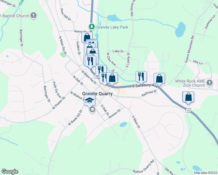 map of restaurants, bars, coffee shops, grocery stores, and more near 105 North Salisbury GQ Avenue in Granite Quarry