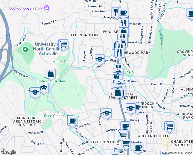 map of restaurants, bars, coffee shops, grocery stores, and more near 158 Coleman Avenue in Asheville