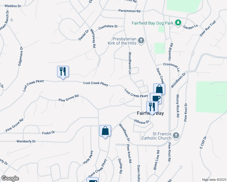 map of restaurants, bars, coffee shops, grocery stores, and more near 134 Richwood Drive in Fairfield Bay