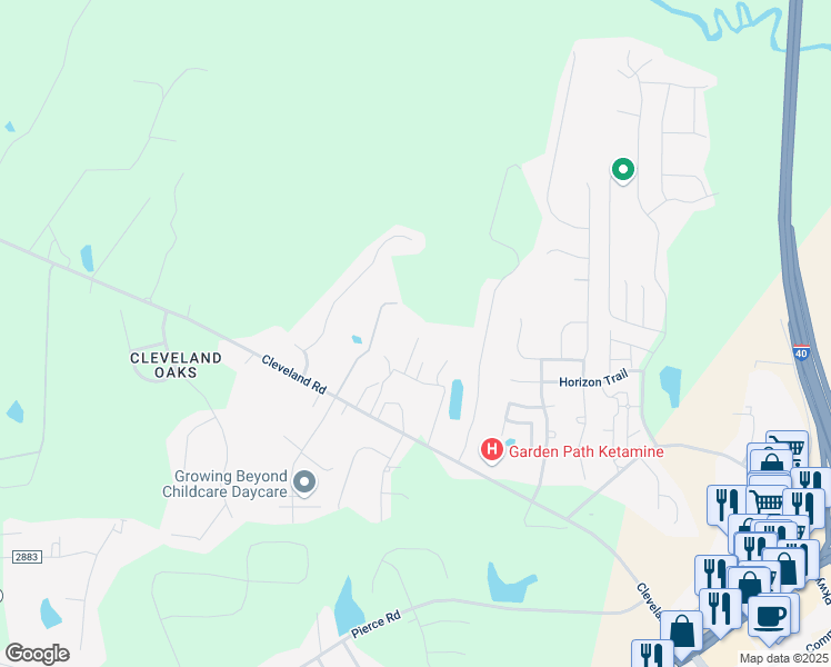 map of restaurants, bars, coffee shops, grocery stores, and more near 13340 Cleveland Road in Garner