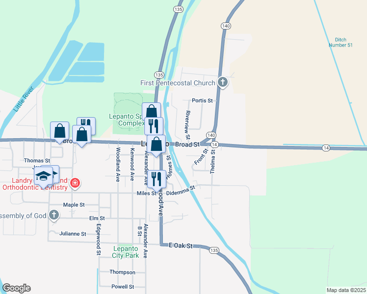 map of restaurants, bars, coffee shops, grocery stores, and more near 151 Broad Street in Lepanto