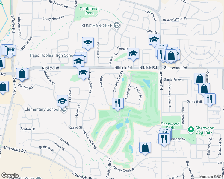 map of restaurants, bars, coffee shops, grocery stores, and more near 1522 Country Club Drive in Paso Robles