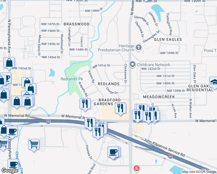 map of restaurants, bars, coffee shops, grocery stores, and more near 14016 Osage Drive in Edmond