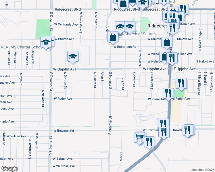 map of restaurants, bars, coffee shops, grocery stores, and more near 607 South Norma Street in Ridgecrest