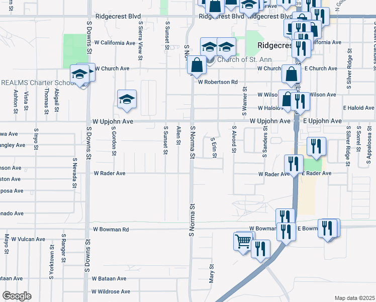 map of restaurants, bars, coffee shops, grocery stores, and more near 607 South Norma Street in Ridgecrest