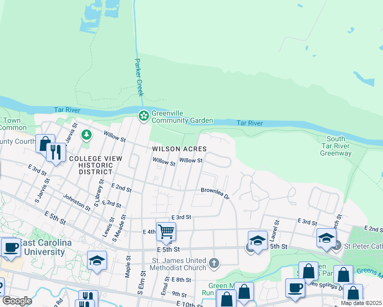 map of restaurants, bars, coffee shops, grocery stores, and more near 203 North Warren Street in Greenville