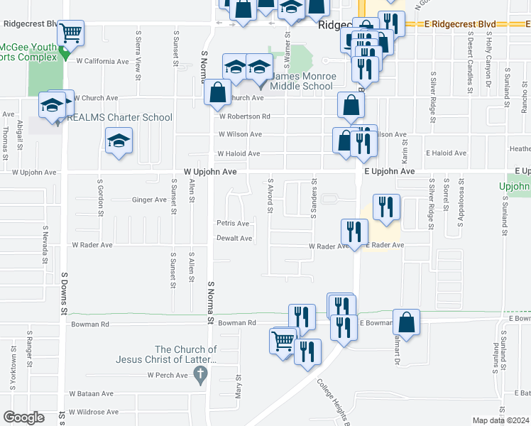 map of restaurants, bars, coffee shops, grocery stores, and more near 559 South Alvord Street in Ridgecrest