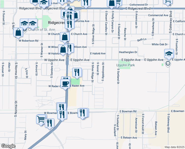 map of restaurants, bars, coffee shops, grocery stores, and more near 617 South Silver Ridge Street in Ridgecrest