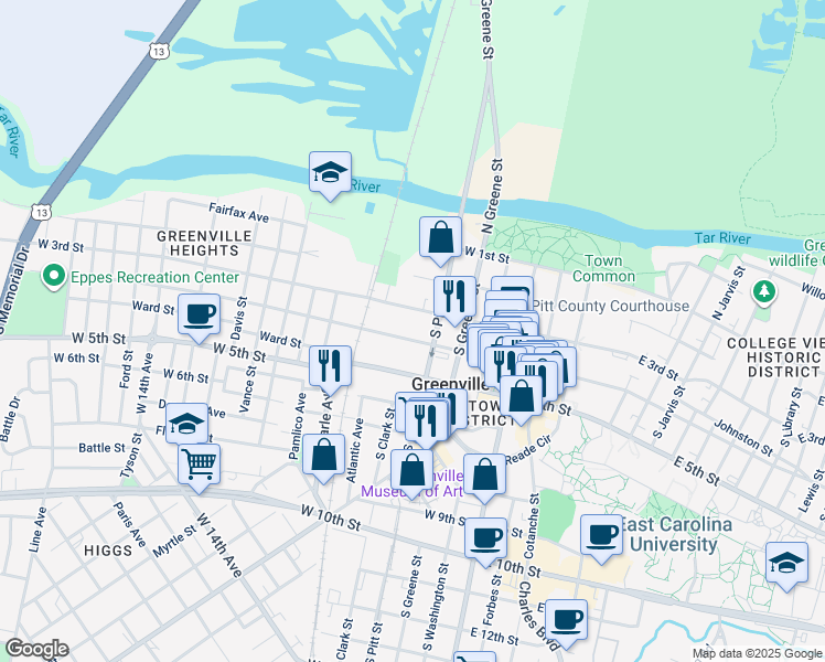 map of restaurants, bars, coffee shops, grocery stores, and more near 310 West 4th Street in Greenville