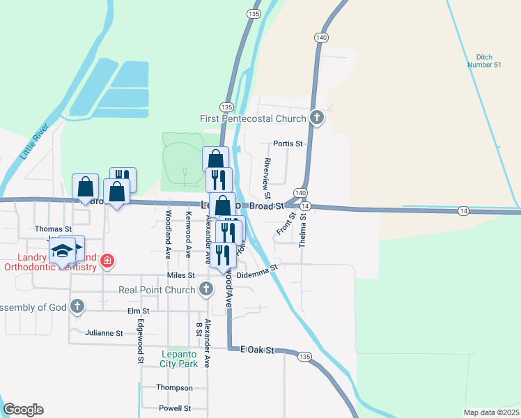 map of restaurants, bars, coffee shops, grocery stores, and more near 151 Broad Street in Lepanto