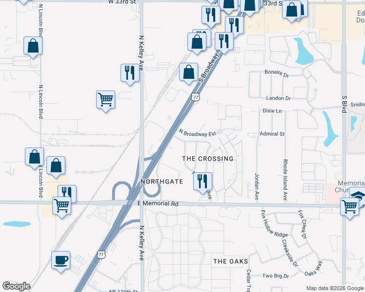 map of restaurants, bars, coffee shops, grocery stores, and more near 14033 North Everest Avenue in Edmond