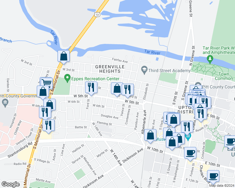 map of restaurants, bars, coffee shops, grocery stores, and more near 410 Davis Street in Greenville