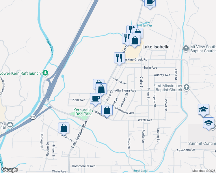 map of restaurants, bars, coffee shops, grocery stores, and more near 5308 Lake Isabella Boulevard in Lake Isabella