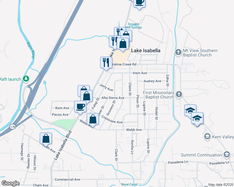 map of restaurants, bars, coffee shops, grocery stores, and more near 2808 Scovern Street in Lake Isabella