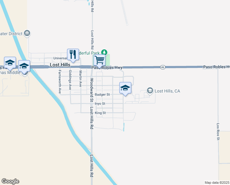 map of restaurants, bars, coffee shops, grocery stores, and more near 21352 Badger Street in Lost Hills