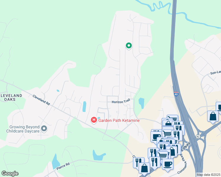 map of restaurants, bars, coffee shops, grocery stores, and more near Beacon Way in Garner