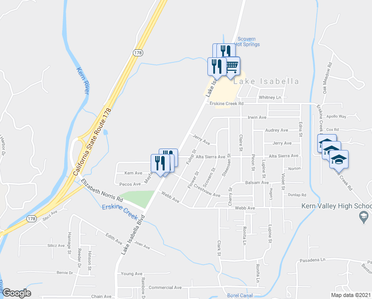 map of restaurants, bars, coffee shops, grocery stores, and more near 5308 Lake Isabella Boulevard in Lake Isabella