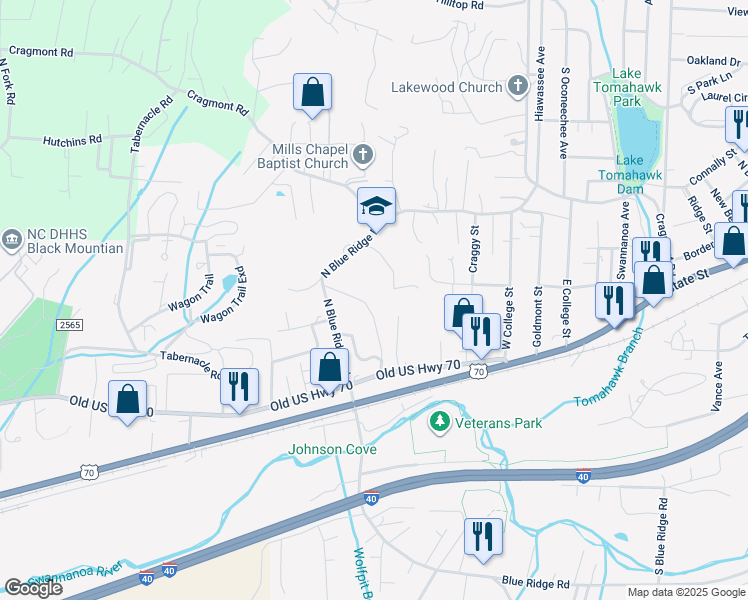 map of restaurants, bars, coffee shops, grocery stores, and more near 114 Walker Street in Black Mountain