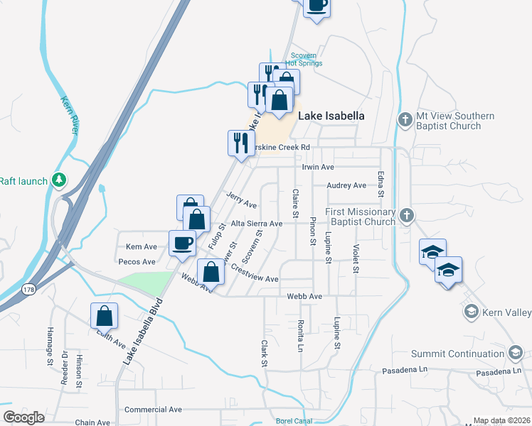 map of restaurants, bars, coffee shops, grocery stores, and more near 2808 Scovern Street in Lake Isabella