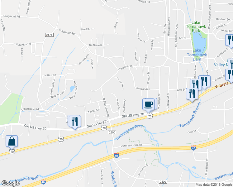 map of restaurants, bars, coffee shops, grocery stores, and more near 114 Walker Street in Black Mountain