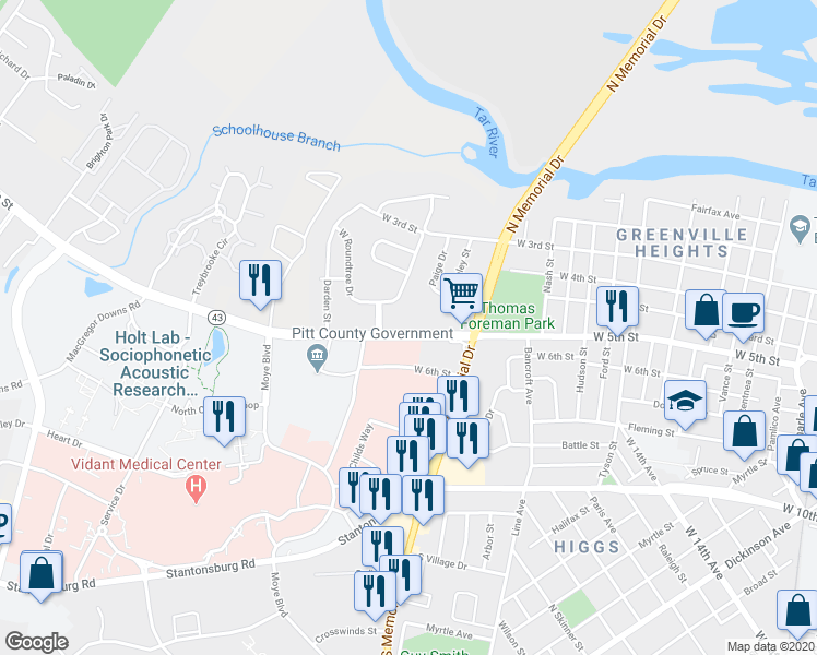 map of restaurants, bars, coffee shops, grocery stores, and more near 1716 North Carolina 43 in Greenville